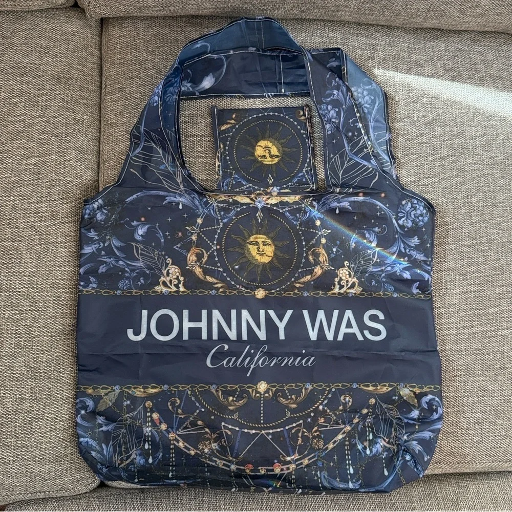Johnny Was California Reusable Shopping Bag Tote Blue Gold Moon Packable New - Picture 5 of 12